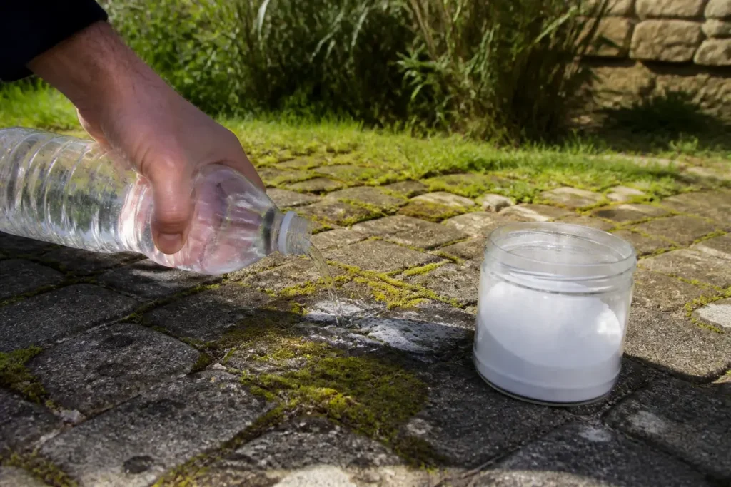 Application d'un anti-mousse naturel avec vinaigre et bicarbonate de soude sur pavés extérieurs