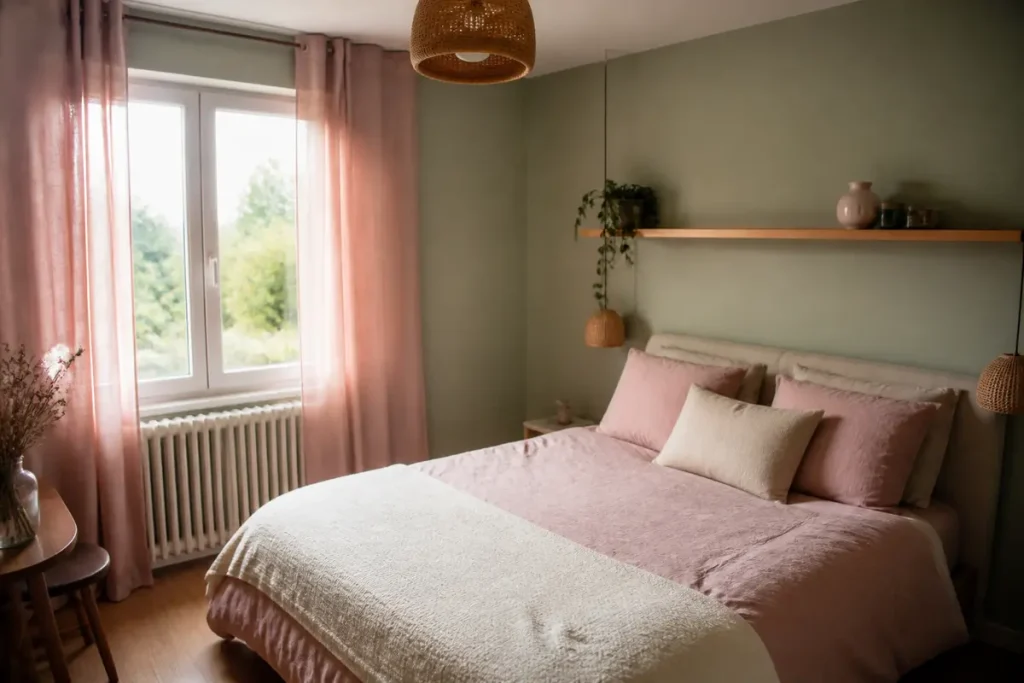Chambre verte et rose avec draps roses, rideaux transparents et décoration en bois naturel