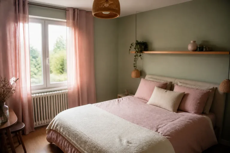 Chambre verte et rose avec draps roses, rideaux transparents et décoration en bois naturel