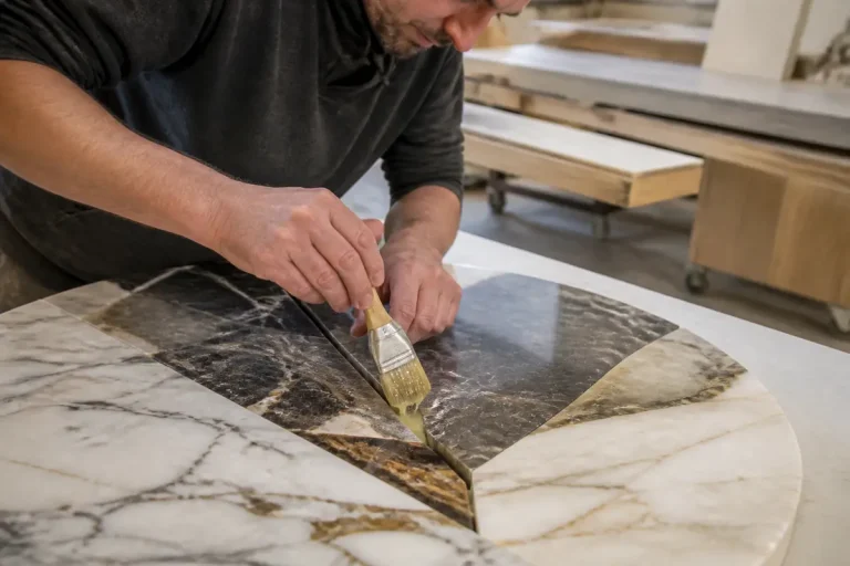 Artisan appliquant de la colle pour assembler et coller du marbre sur une table ronde