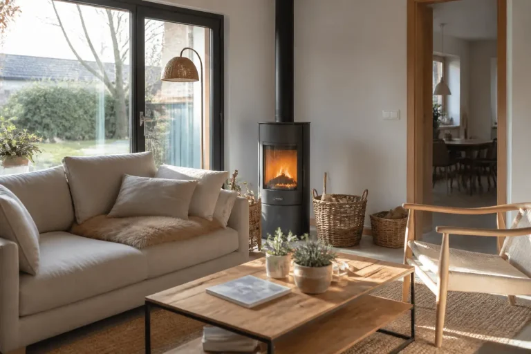 Salon lumineux avec canapé, poêle à bois et plantes dans une confortable maison moderne