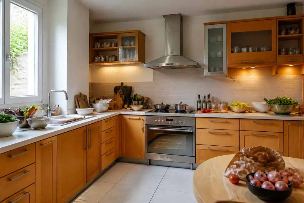Cuisine en L moderne avec meubles en bois clair et équipements de cuisson élégants