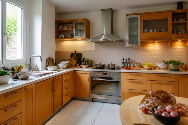 Cuisine en L moderne avec meubles en bois clair et équipements de cuisson élégants
