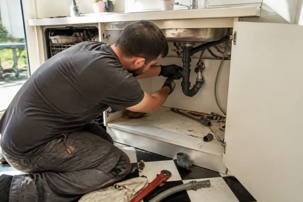 Homme effectuant la maintenance de l'évacuation d'évier et lave-vaisselle pour savoir bricoler efficacement