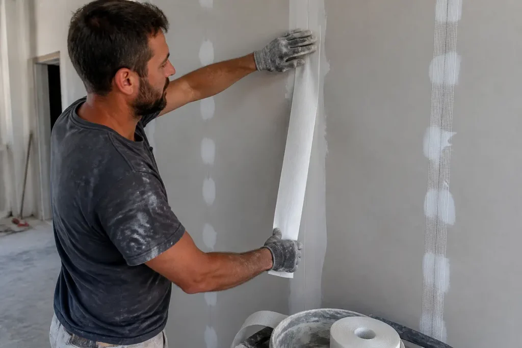 Ouvrier appliquant des bandes placo, faut-il les humidifier avant l'application murale