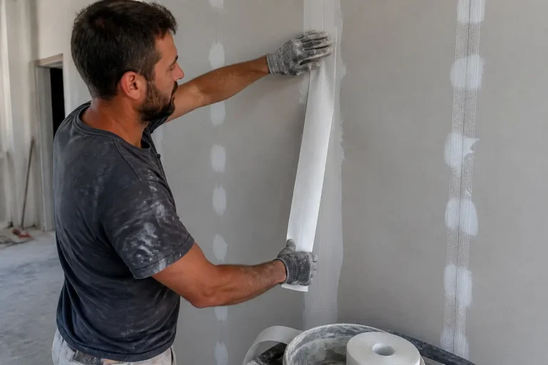 Ouvrier appliquant des bandes placo, faut-il les humidifier avant l'application murale