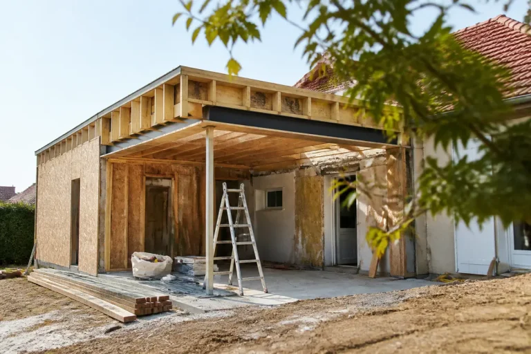 Extension en construction d'une maison avec échafaudage, intégrant lamaison360 pour agrandir l'espace.