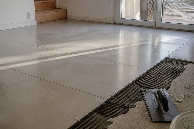 Pose de carrelage en cours avec outils sur lemagazinedubricoleur pour sol moderne lumineux
