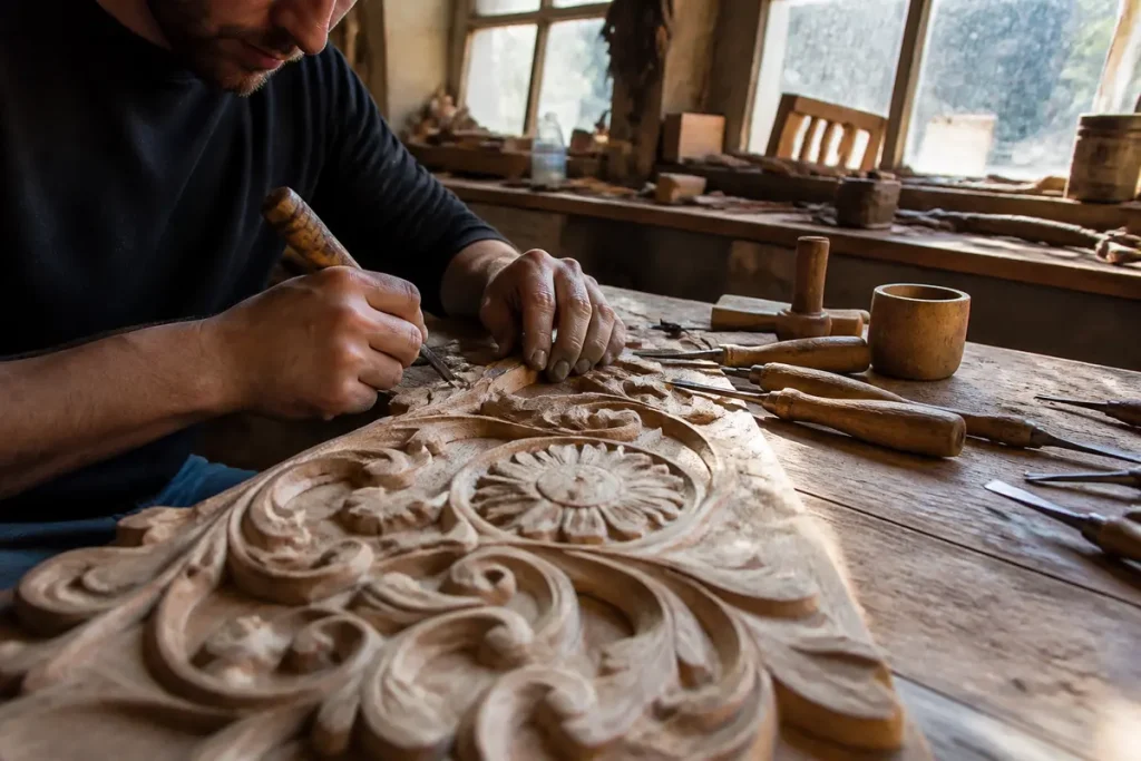 Artisan sculptant délicatement le bois dans un atelier, mettant en valeur le savoir-faire déco.