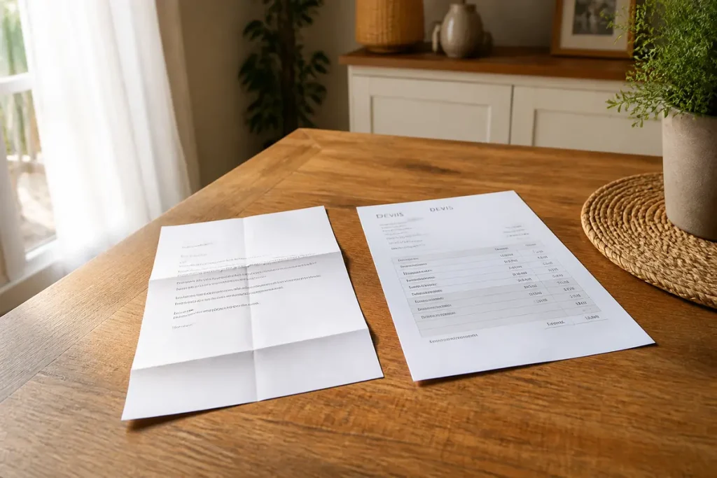 Deux documents sur une table en bois pour une lettre de demande de changer baignoire-douche