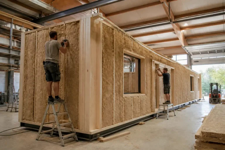 Construction d'une grande maison modulaire écologique en bois naturel dans une usine moderne