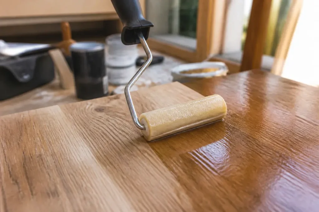 Application de vernis sur bois avec un rouleau laqueur pour finition brillante