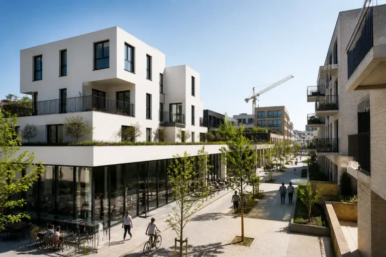 Centre d'urbanisme transformé avec immeubles modernes et espaces verts animés par la population