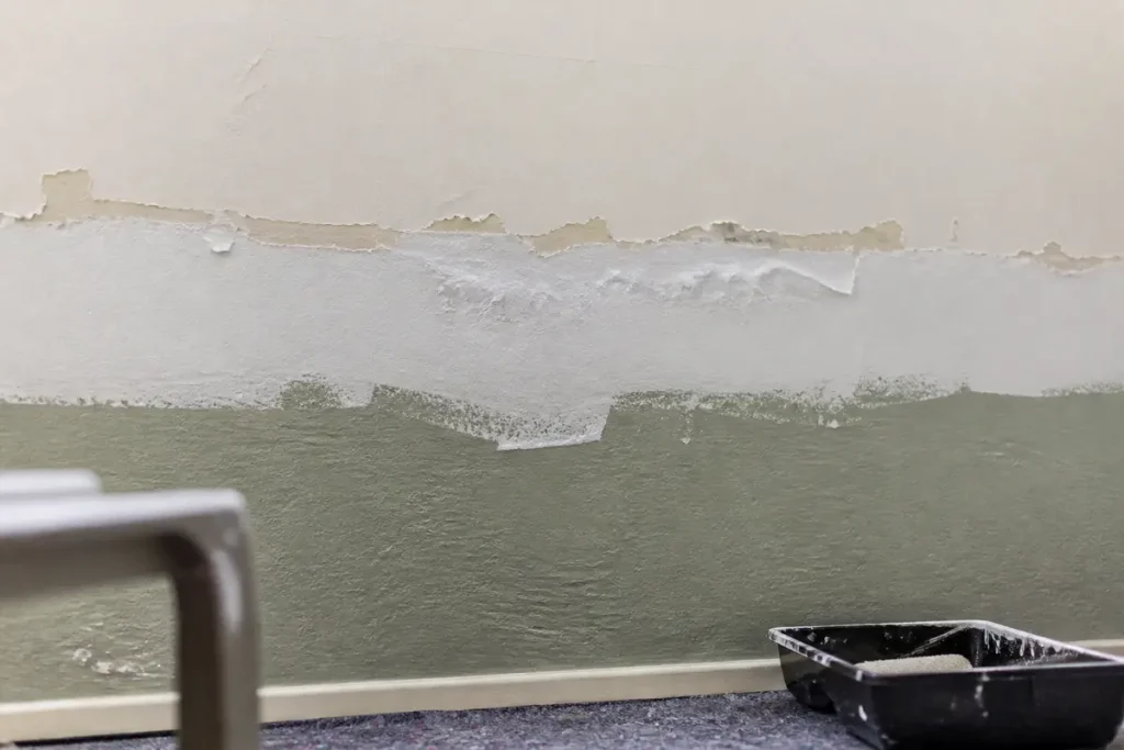 Mur avec 3 couches de peinture, traces visibles et bac à peinture au sol