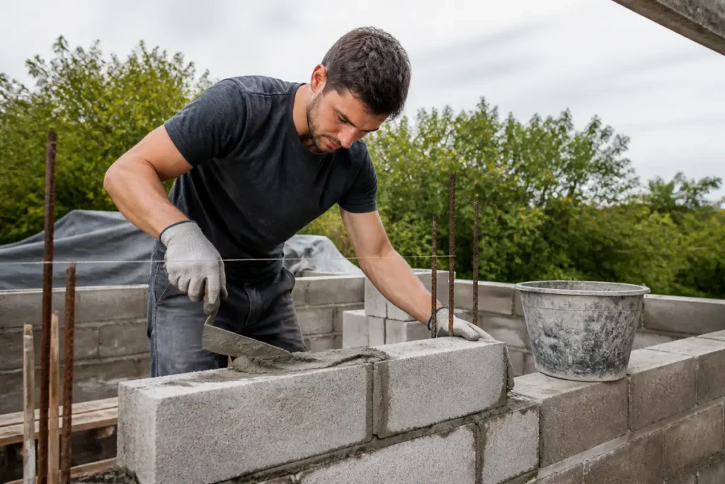 Homme construisant un mur en parpaings, illustrant la maçonnerie sur academiedubricolage.fr