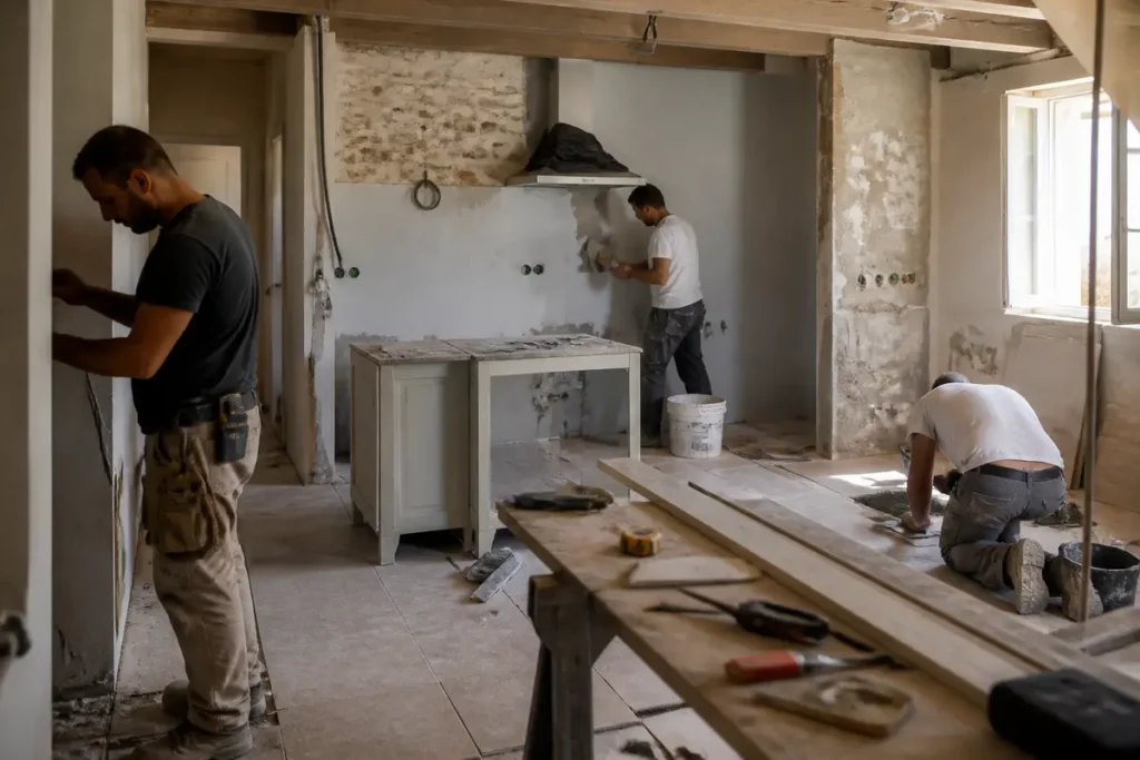 Travailleurs rénovant une cuisine avec aquitainetravauxrenovation.fr spécialisée en rénovation de cuisine complète