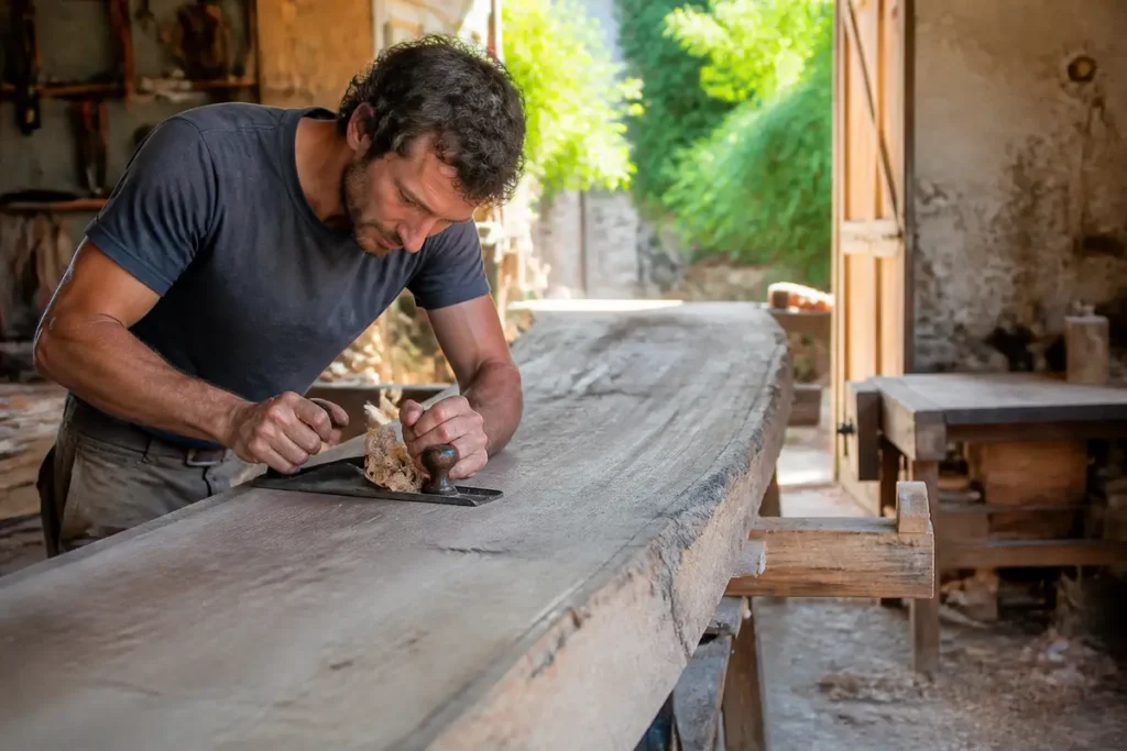 Artisan travaillant le bois dans un atelier à Montpellier pour artisan en un clic