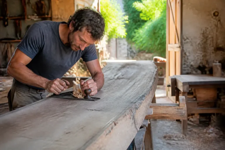 Artisan travaillant le bois dans un atelier à Montpellier pour artisan en un clic