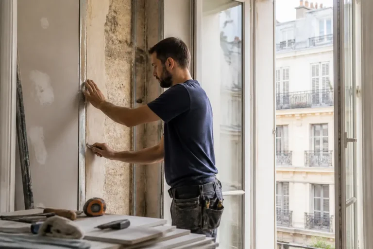 Artisan travaillant sur un mur d'un appartement parisien pour batievol.fr à Paris