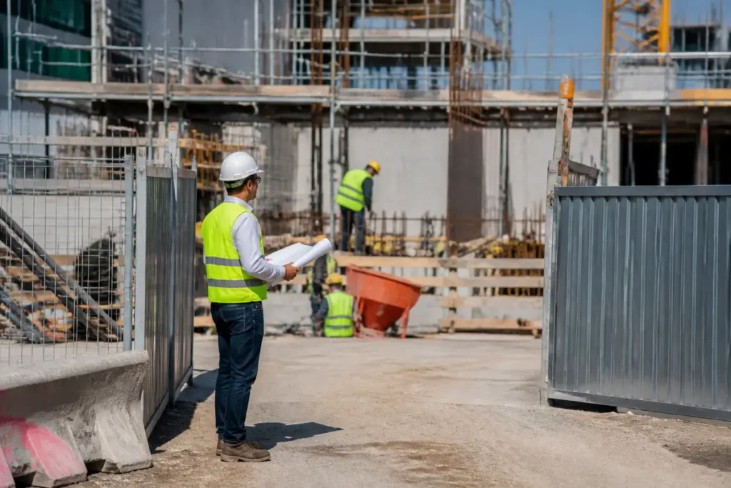 Architecte sur chantier de construction analysant les plans pour chantieraccess.fr