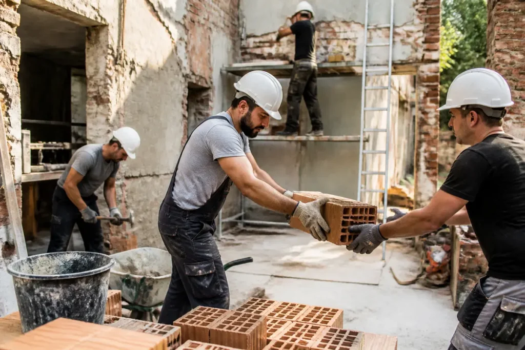 Ouvriers construisant un mur en briques sur un chantieraccess.fr à ciel ouvert