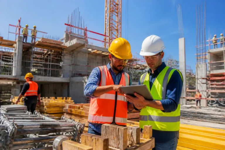 Deux ingénieurs sur un chantier discutent avec une tablette chantieraccess.fr et facture