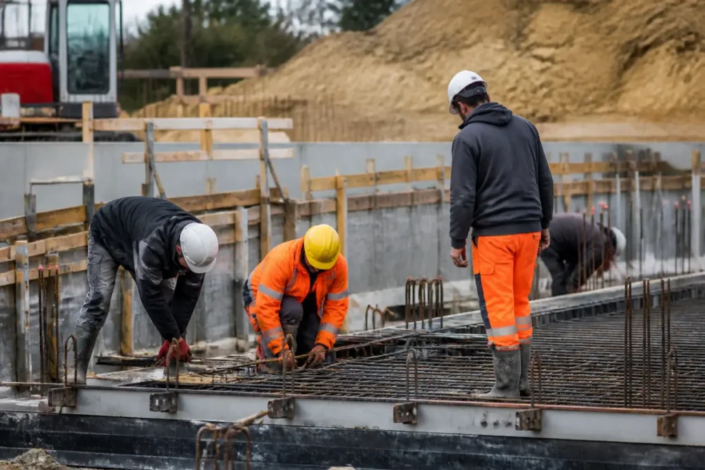 Travailleurs sur chantier de construction sécurisent fondations avec garanties de chantieraccess.fr
