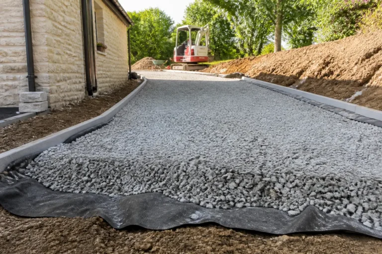 Allée en gravier préparée avec machinerie sur chantieraccess.fr matériau de construction