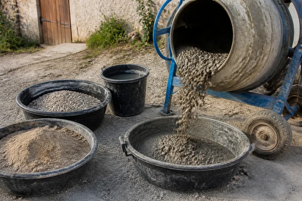 Mélangeur déversant béton composé de sable et gravier pour dosage béton 350 kg