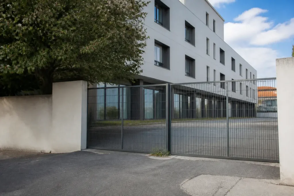 Entrée sécurisée de l'école des travaux publics à Marseille avec portail et bâtiment moderne