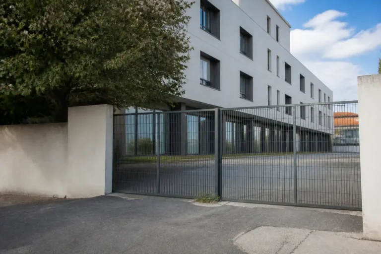 Entrée sécurisée de l'école des travaux publics à Marseille avec portail et bâtiment moderne