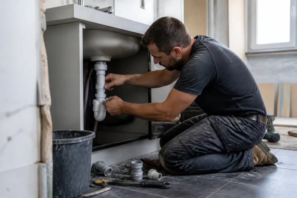 Plombier répare un tuyau sous évier pour entreprise Proxichantier rénovations domiciliaires