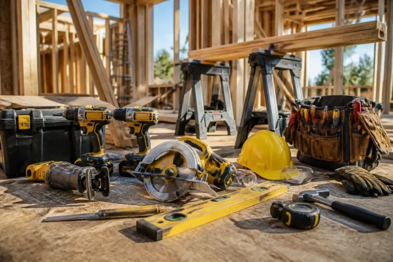 Outils travaux de construction sur table en bois avec équipement de travauxmakers.fr