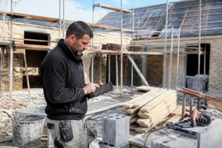 Homme consultant tablette chantier rénovation avec facilité sur proxichantier.fr