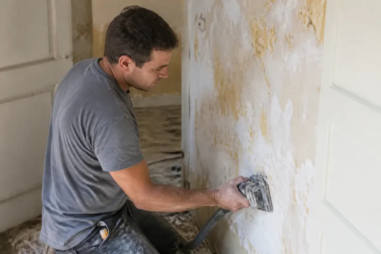 Homme ponçant un mur pour la rénovation sur lapagedesprofessionnelles.fr rénovation de qualité.