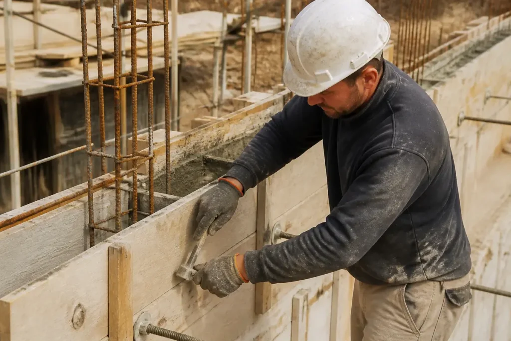 Ouvrier en maçonnerie ajustant coffrage béton pour mon-institut-du-btp.fr maçonnerie sur chantier construction