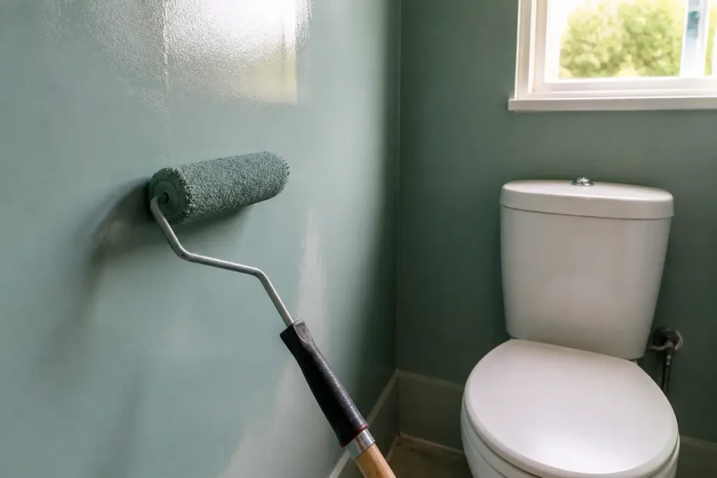 Rouleau appliquant de la peinture dans des toilettes modernes avec mur vert clair