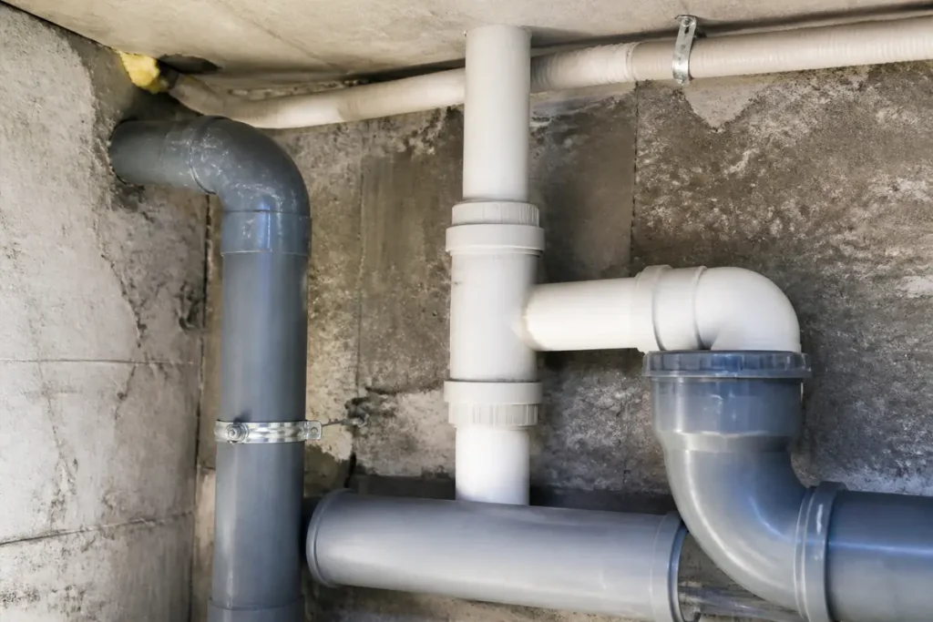 Tuyaux en PVC pour installation de plomberie lors d'un événement.