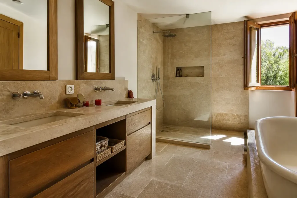 Salle de bain en travertin et bois avec douche italienne et double lavabo bois