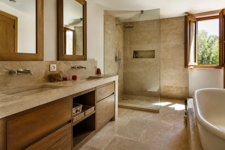 Salle de bain en travertin et bois avec douche italienne et double lavabo bois