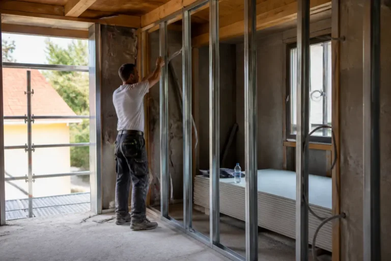 Artisan installant des montants métalliques sur un chantier de rénovation vite-un-chantier.fr